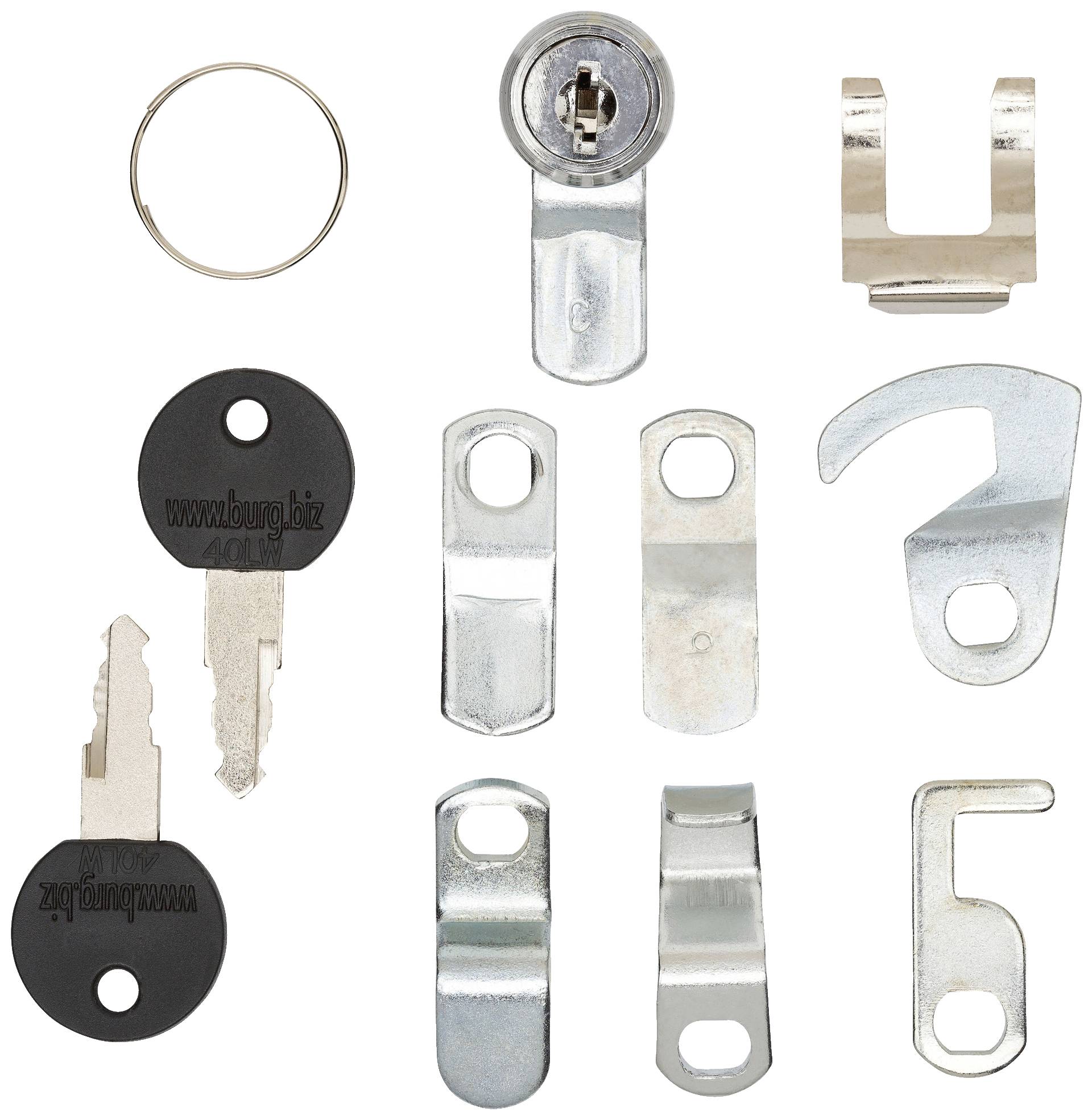 A key set with various metal parts and two keys on a white background. Includes fastening components for locks.