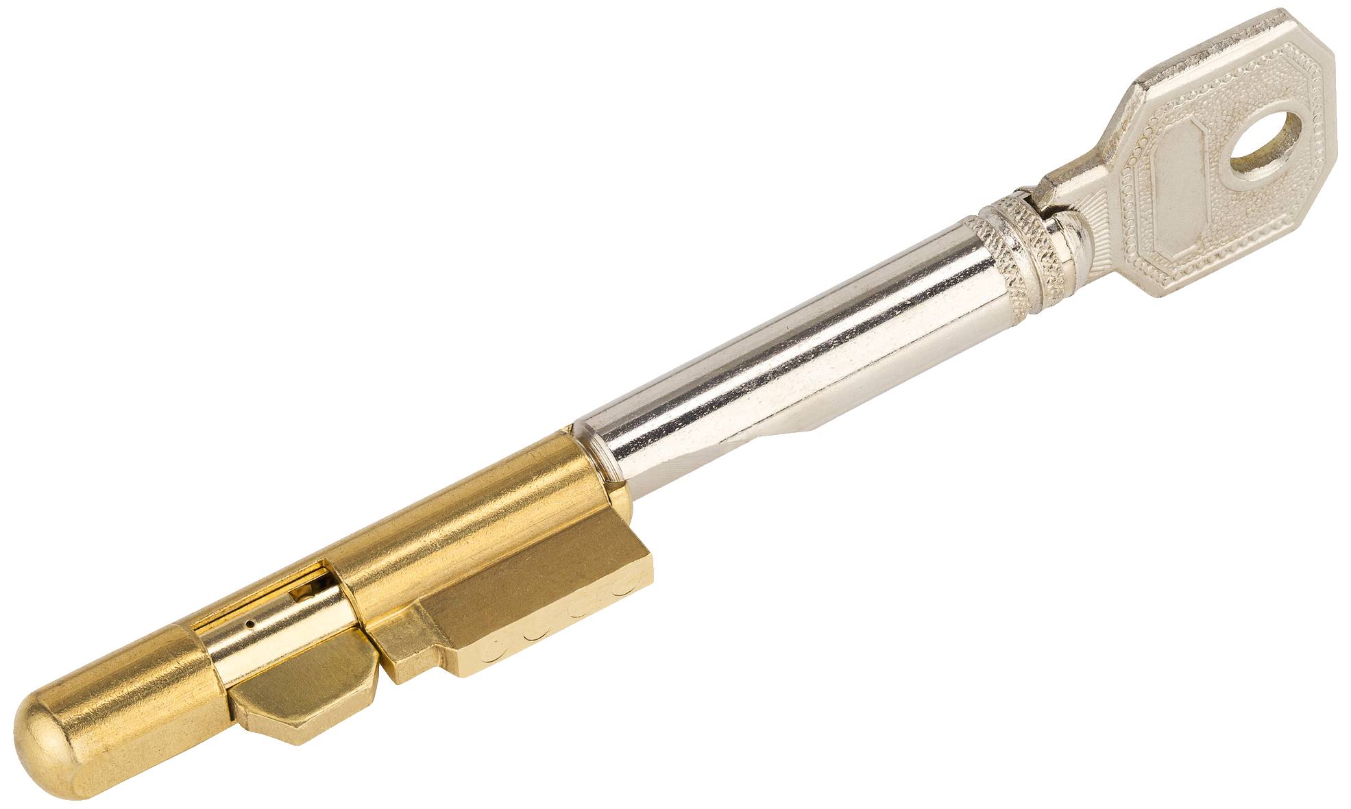 A silver and gold key with a hexagonal head and a raised pattern lies on a white background.