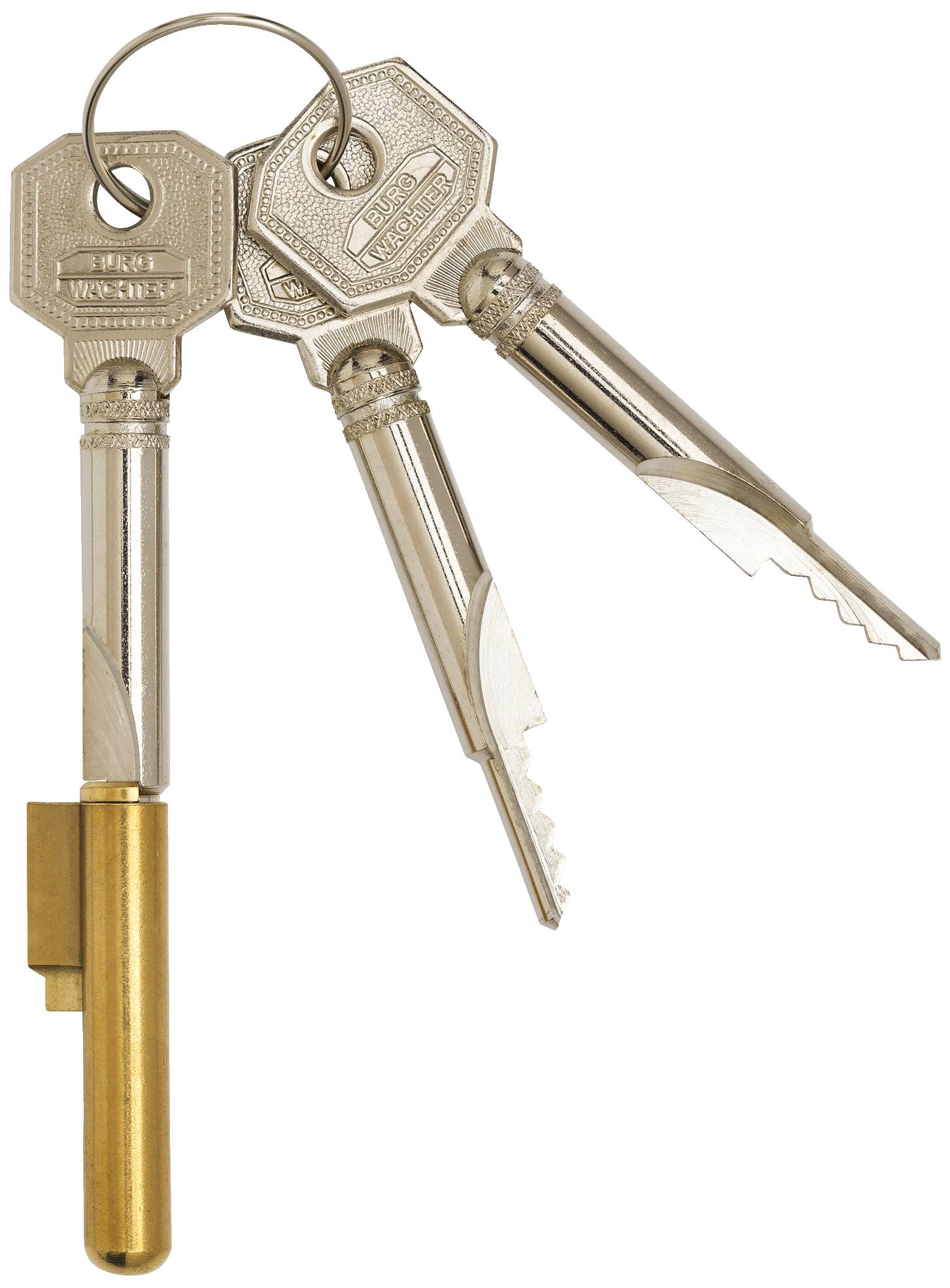 Three silver keys on a ring, uniquely cut along the edges. One key has a golden handle.