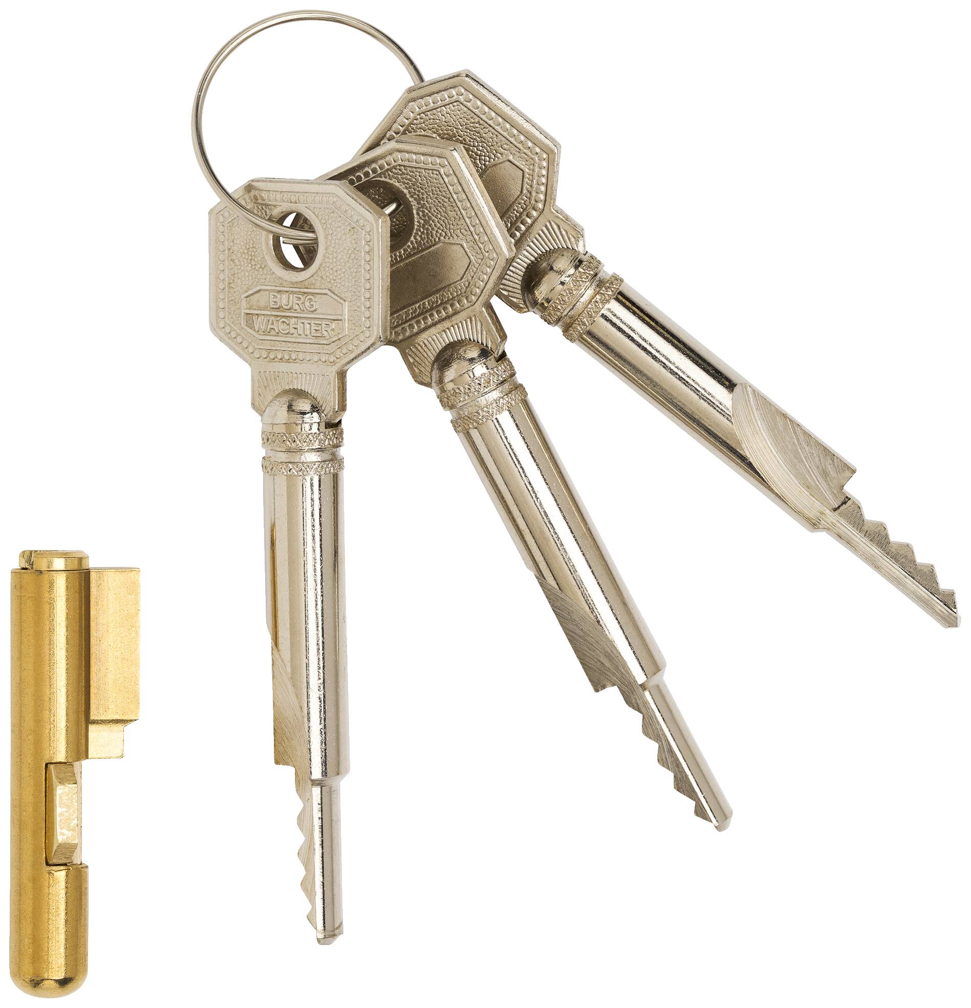 A keyring with three silver keys and a golden cylinder lock, which together can open a lock.