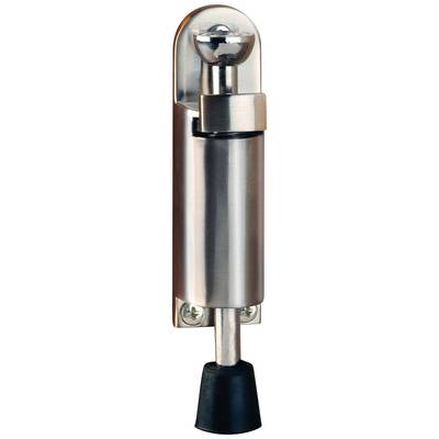 Metal door stop with a rubber tip, mounted on a door. Prevents the door from slamming shut unintentionally.