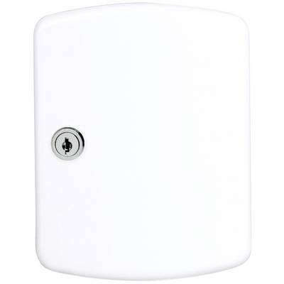 A white, rectangular safe with a lock on its left side.
