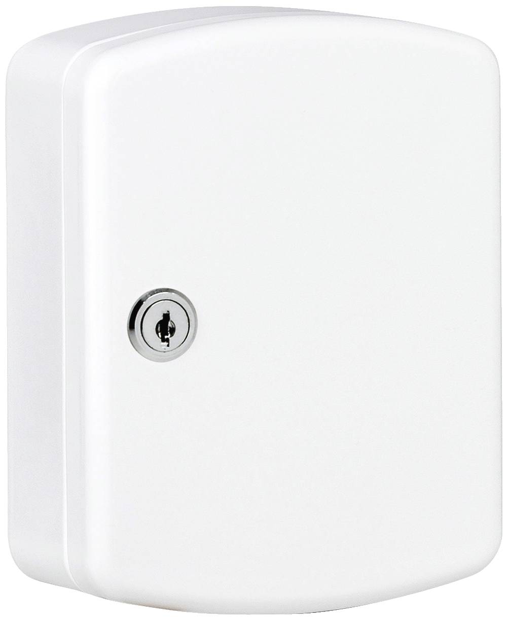 A white, rectangular key cabinet with rounded corners and an integrated lock on the front.