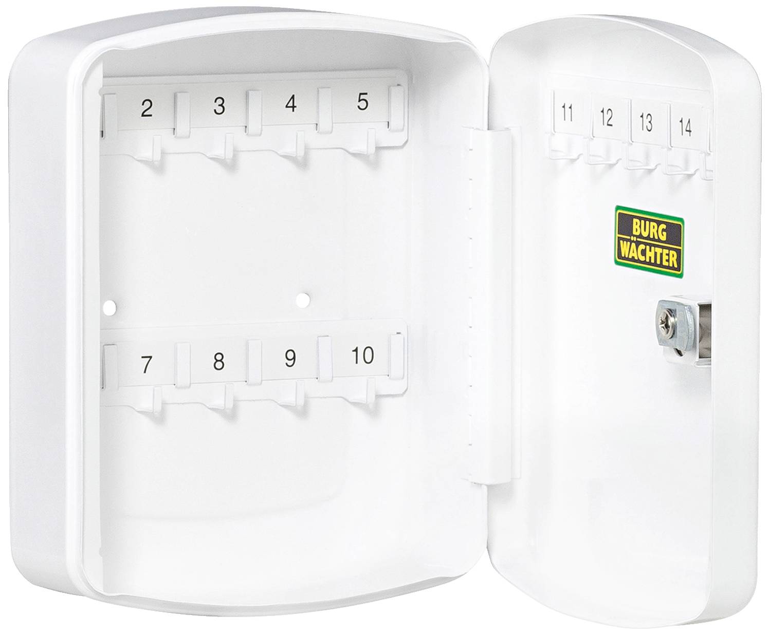 Open key box with numerical markings from 1 to 13 in two rows and a rotary lock.