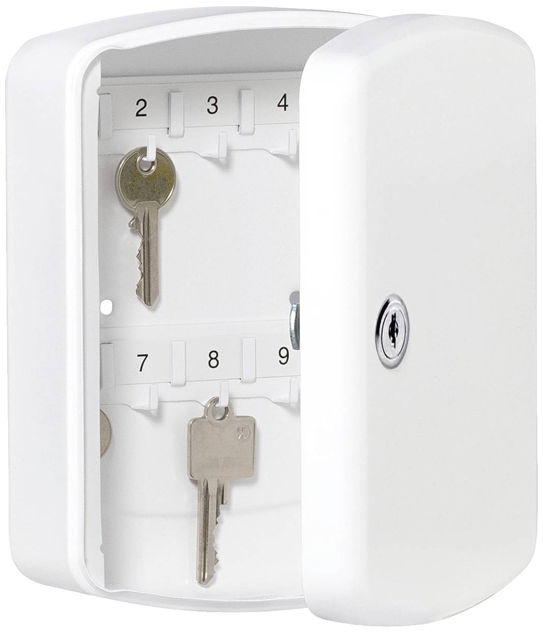 White key cabinet with an open door. Three keys hanging on numbered hooks: 2, 4 and 9.