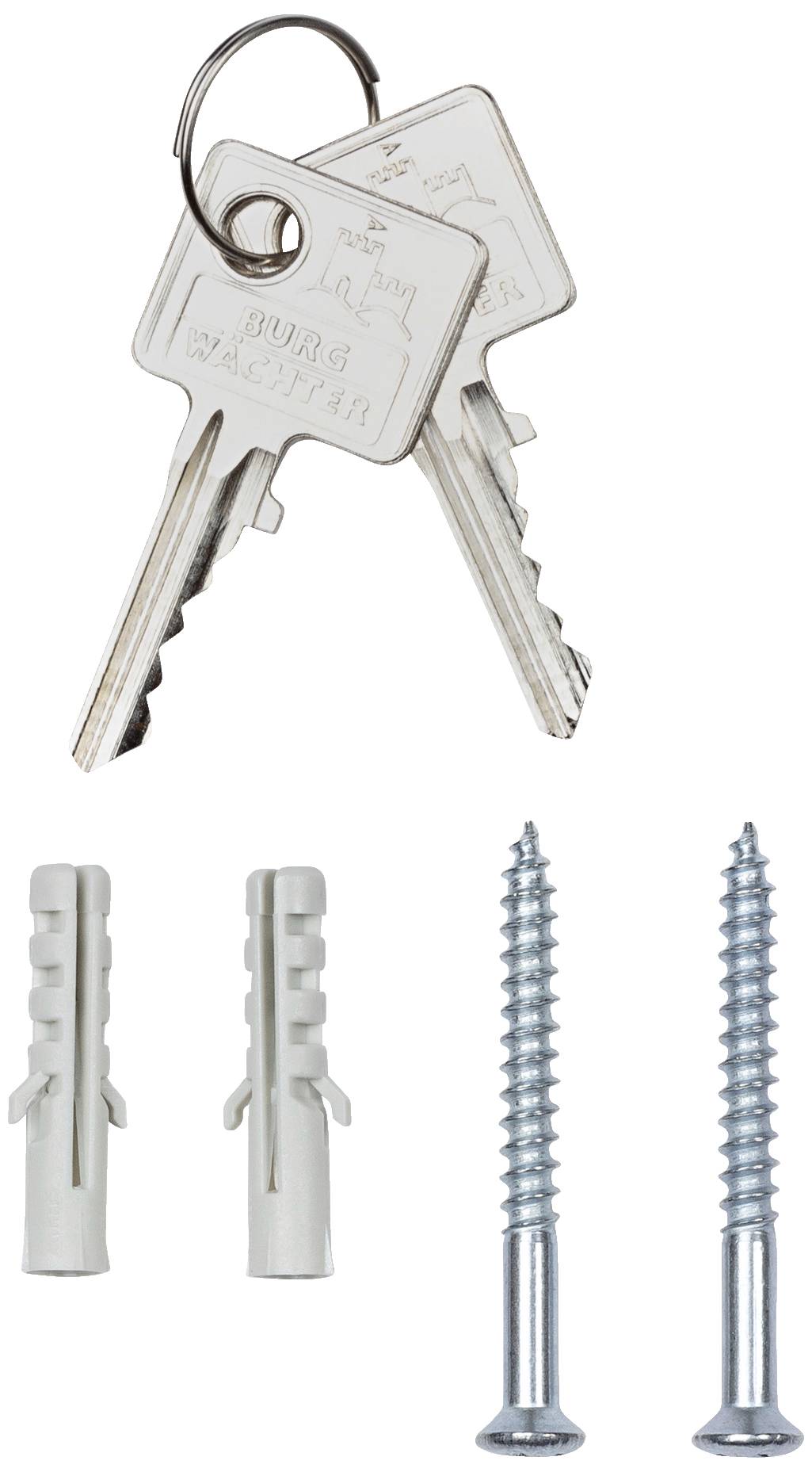Two metal keys on a ring, underneath two wall plugs and two screws.