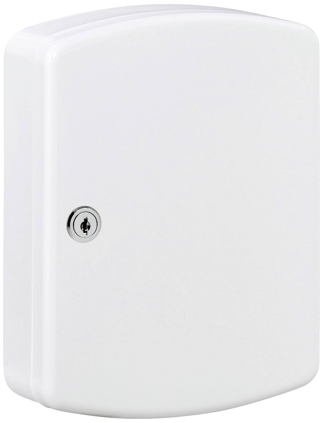 White, sealable metal box with a keyhole on the front, likely used for secure storage of items.