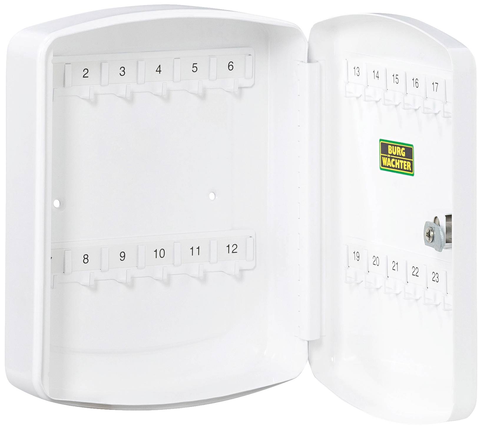White key cabinet with open lid, showing hooks for 18 keys. 'Burg Wächter' logo on the inside of the lid.