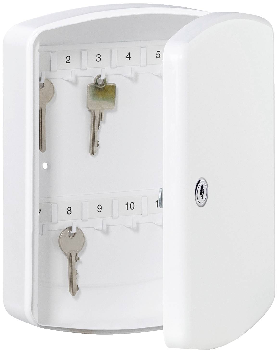 A white metal key cabinet, open with visible hooks. Three keys are hanging on hooks 1, 4 and 9.