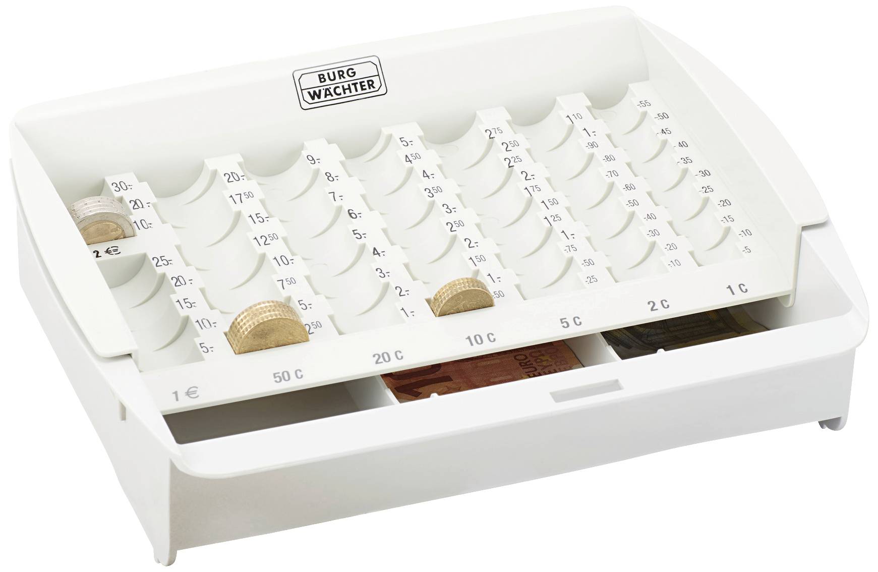 A coin counting till with compartments for different Euro coins from 1 cent to 2 euros. Some compartments contain coins.