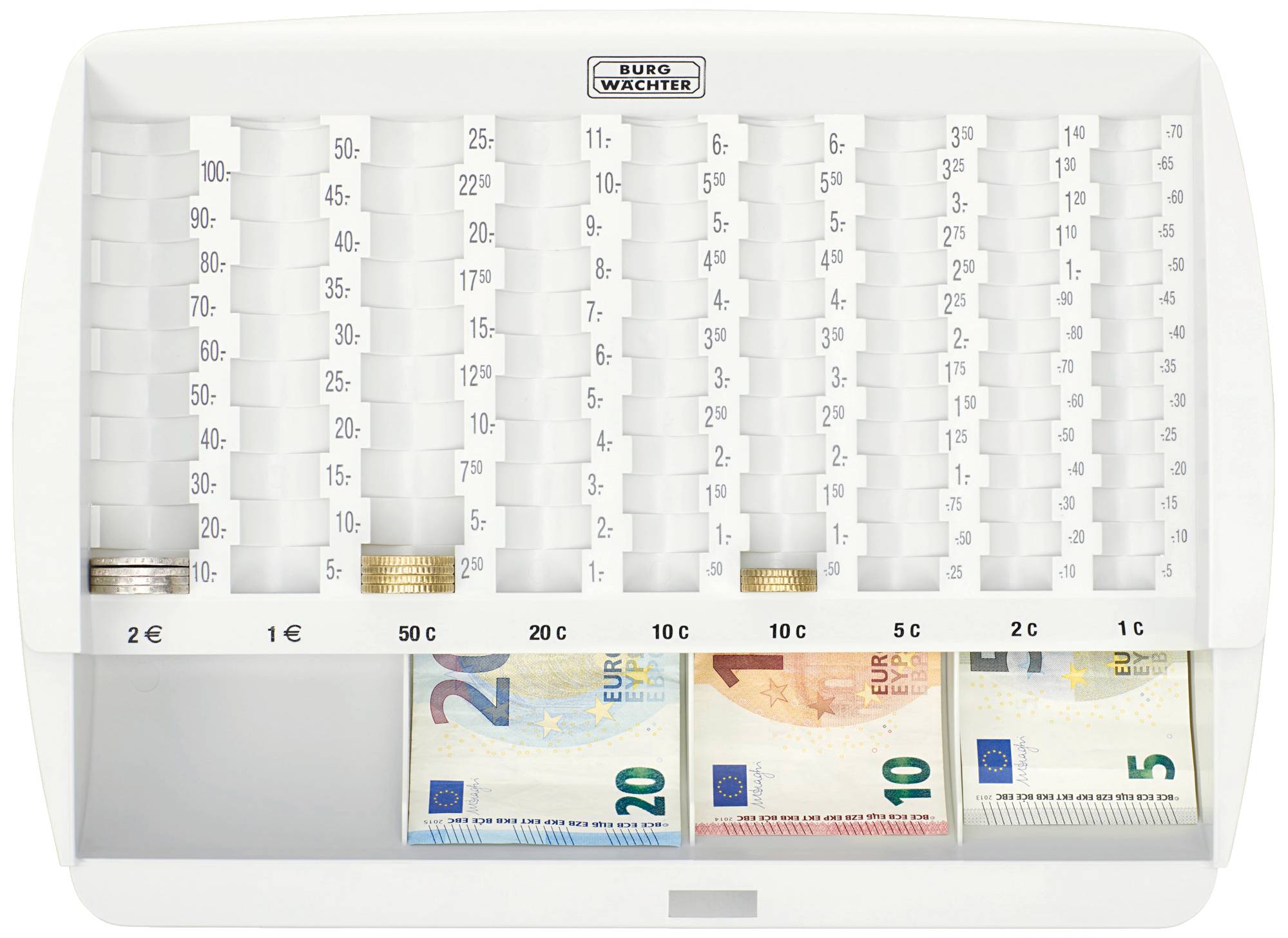 'Cash box with coin compartments for 2-euro to 1-cent coins and banknote section for 20- and 50-euro notes.'