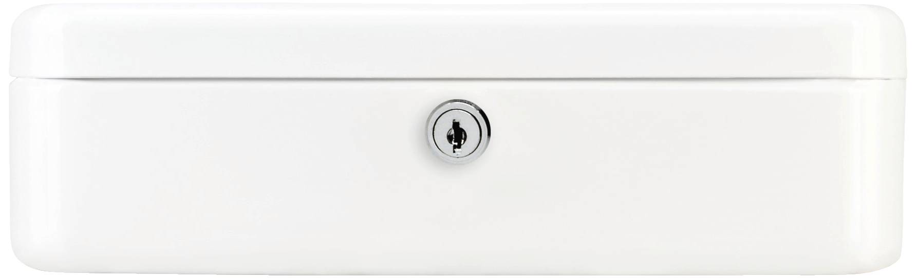 White metal case with a lock in the centre, closed. Purpose unclear, potentially related to security.