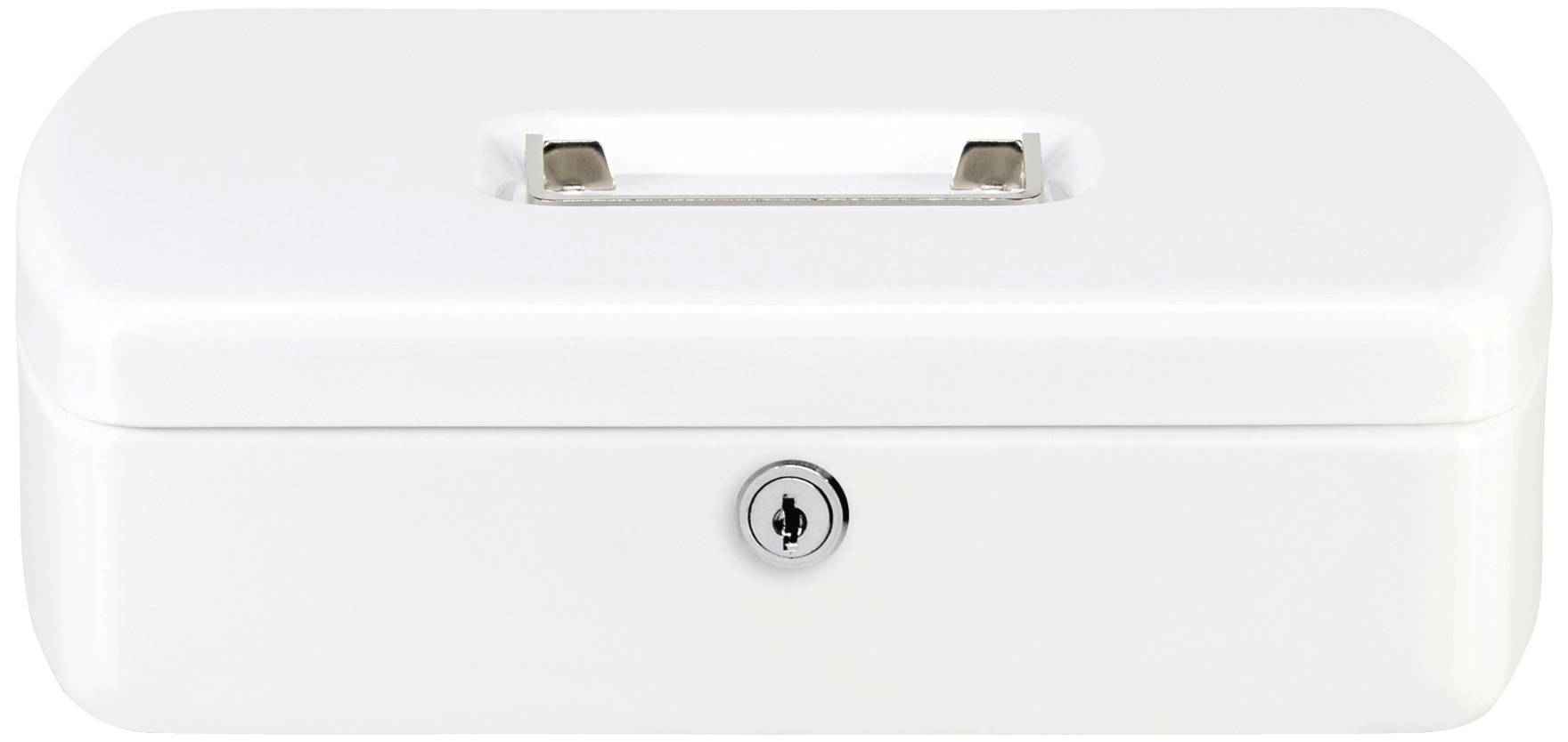 White cash box with carry handle and lock, no visible contents.