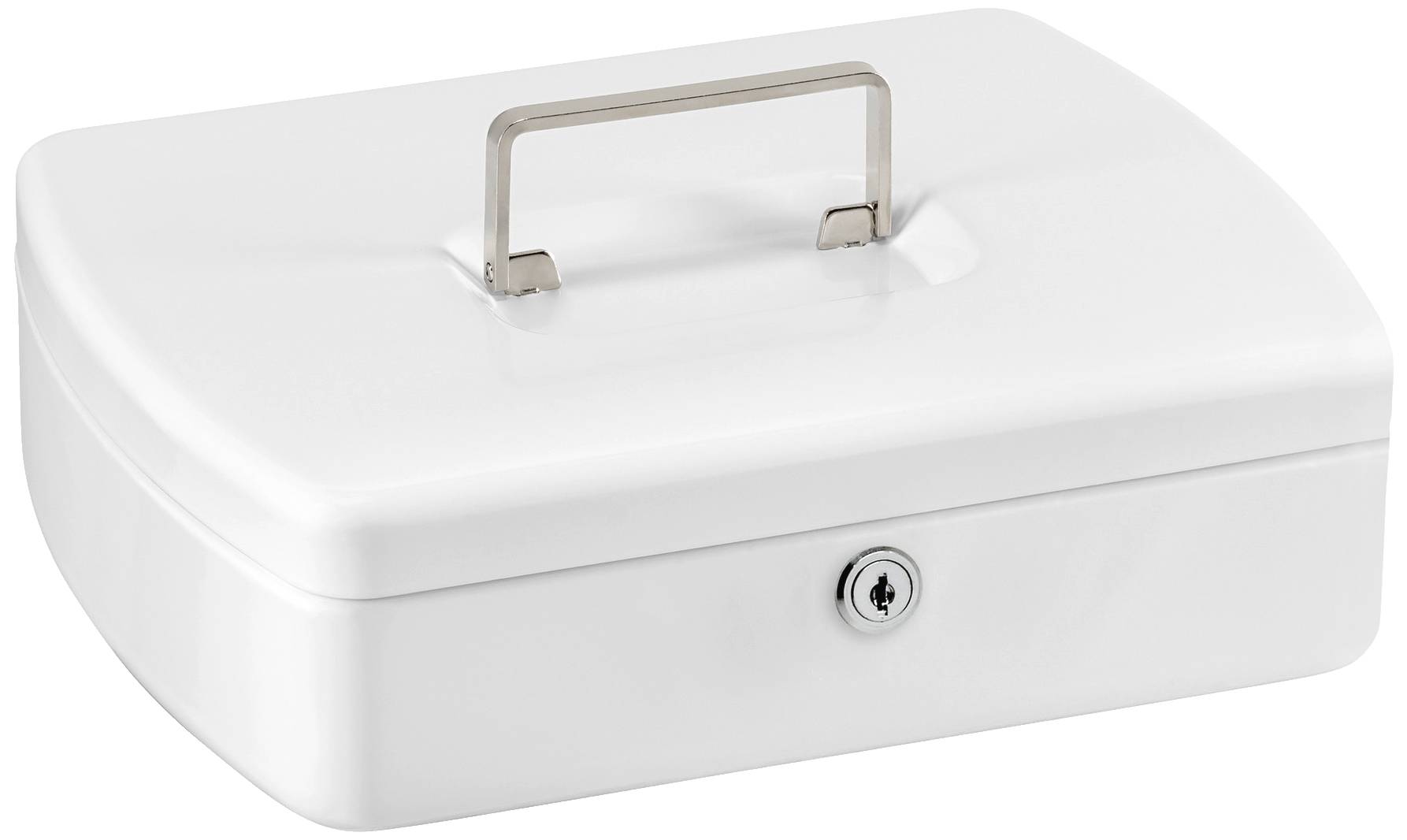 White cash box with a metal carrying handle and a lock on the front.