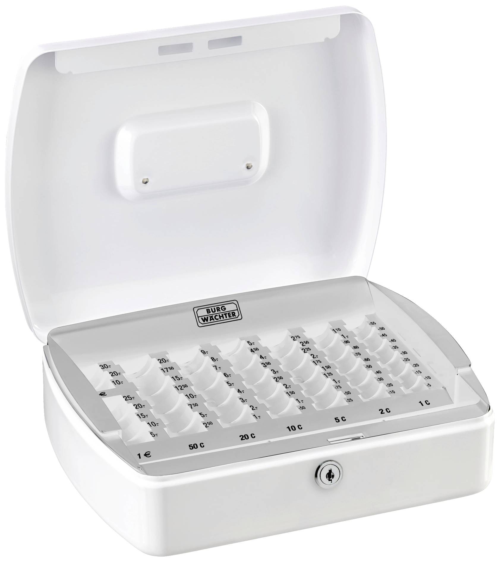 Open plastic coin tray with compartments for various Euro coins. A lock is located on the front side.