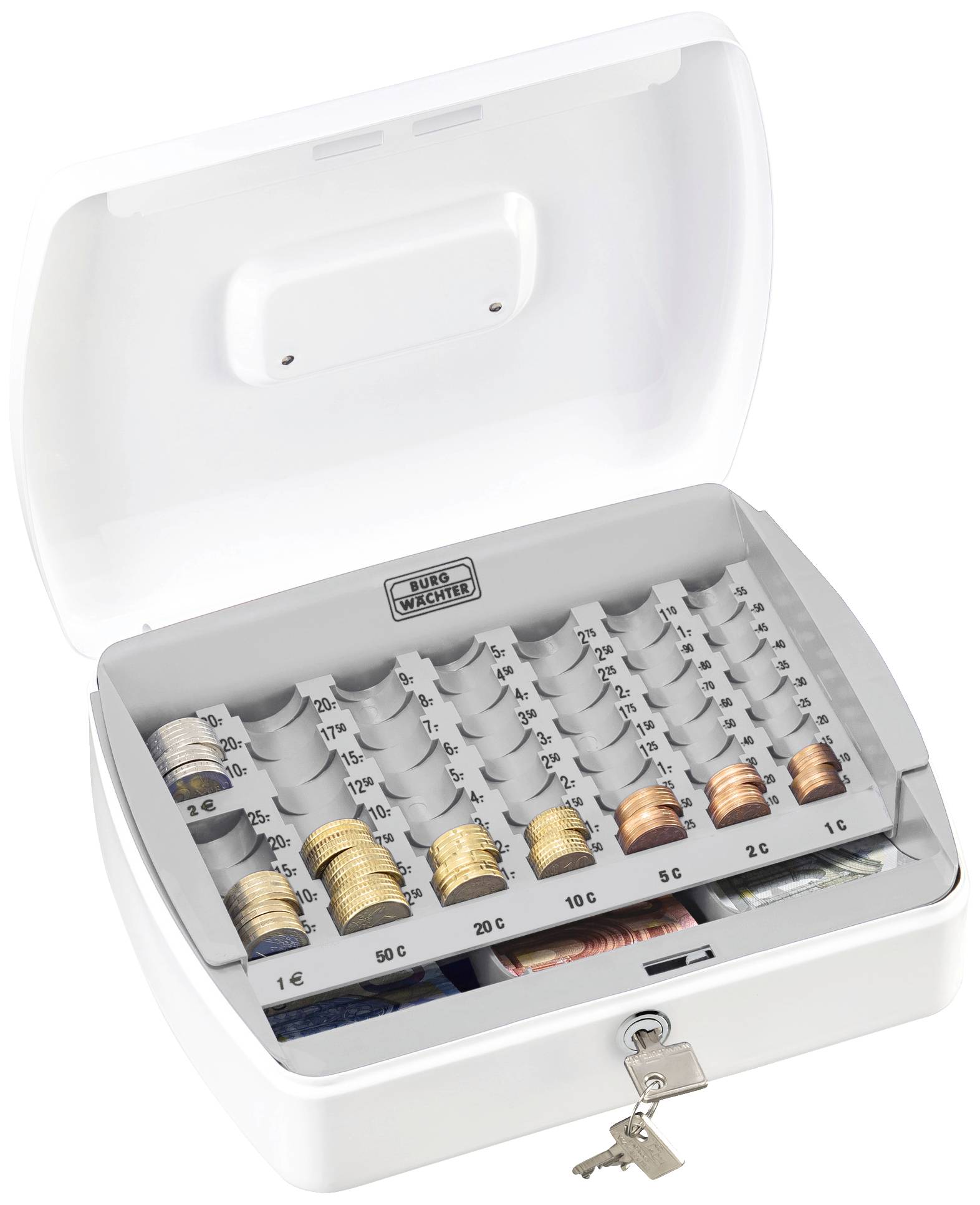 An open white cash box with coin compartments displaying various euro coins sorted by euro and cent denominations.