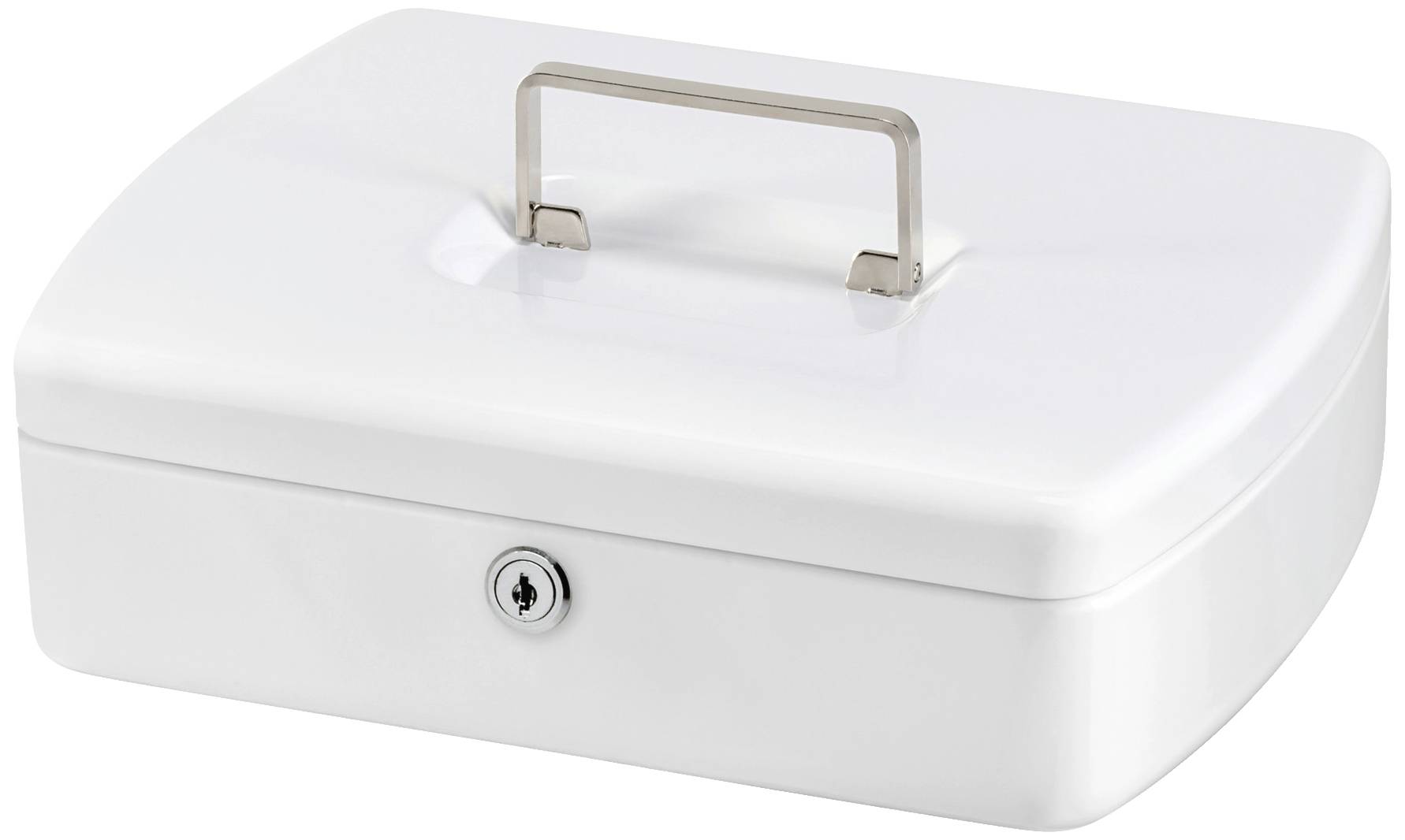 A white cash box with a metal handle on top and a lock at the front.