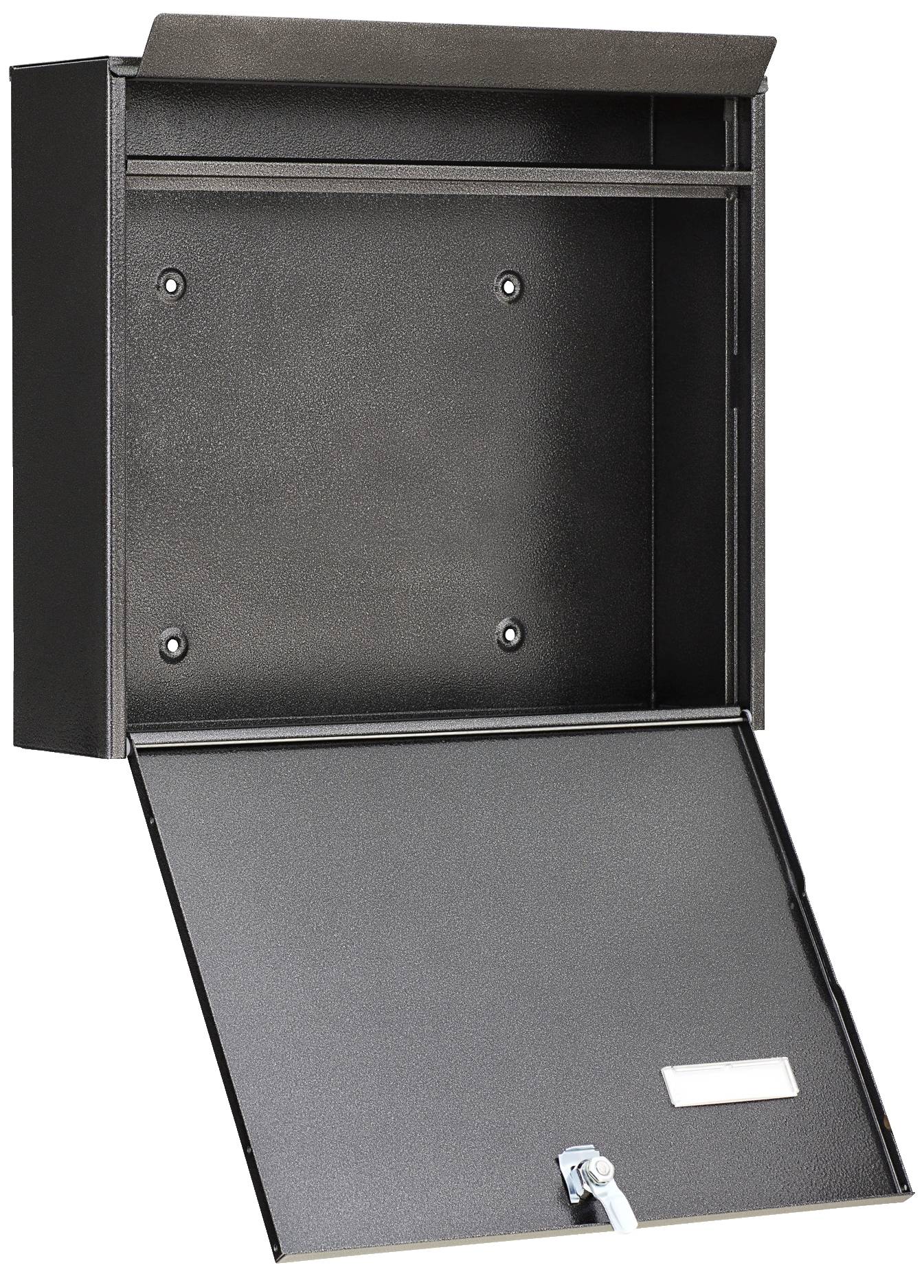 A black metal letterbox with an open flap and a label holder on the front.