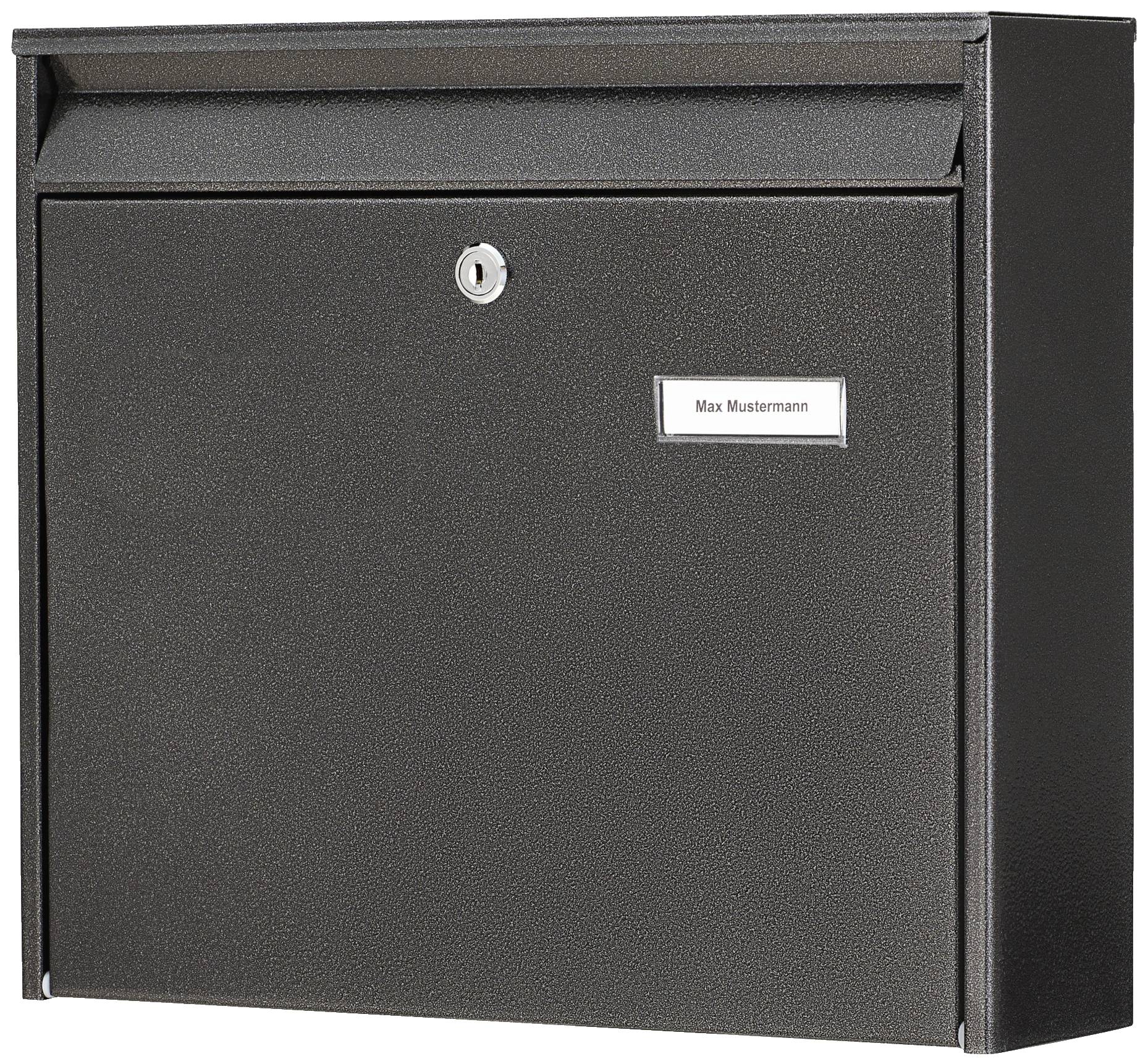 Black letterbox with a name plate reading 'Max Mustermann' on the front, with a lock in the centre.