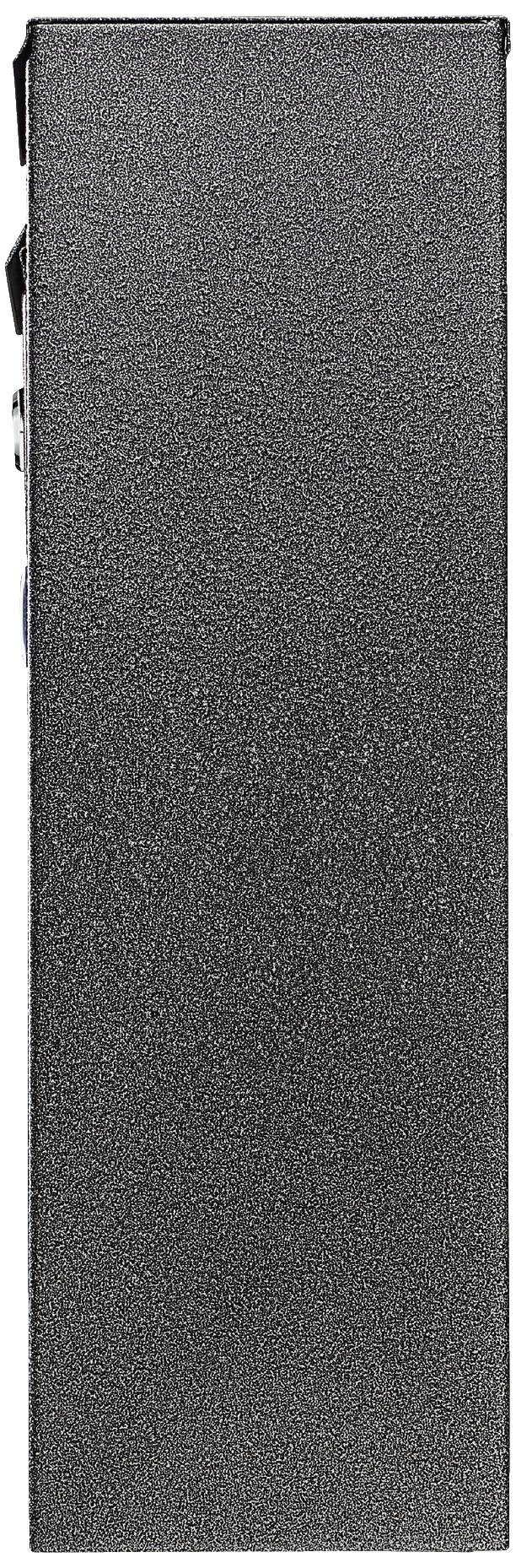 A rectangular, black metal box with a ribbed surface, vertically oriented. There are no discernible markings.