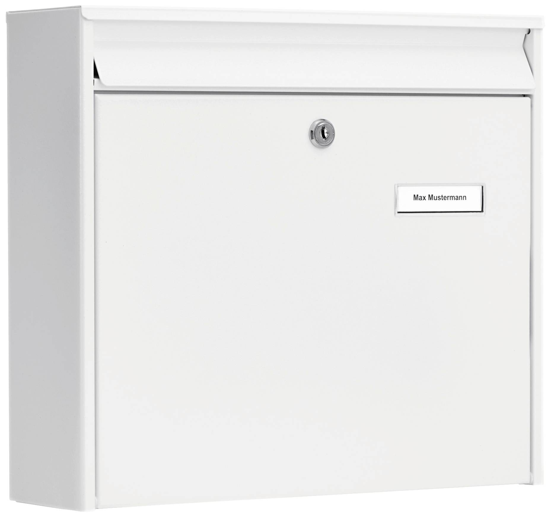 White letterbox with a nameplate reading 'Max Mustermann' and a lock. The upper section is for postal delivery.