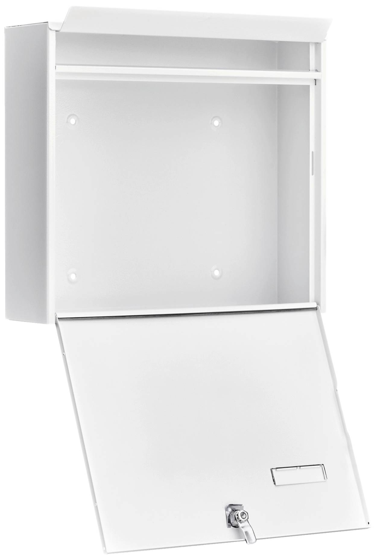 White letterbox with a hinged compartment and lock in the lower section. Ideal for securely storing mail.