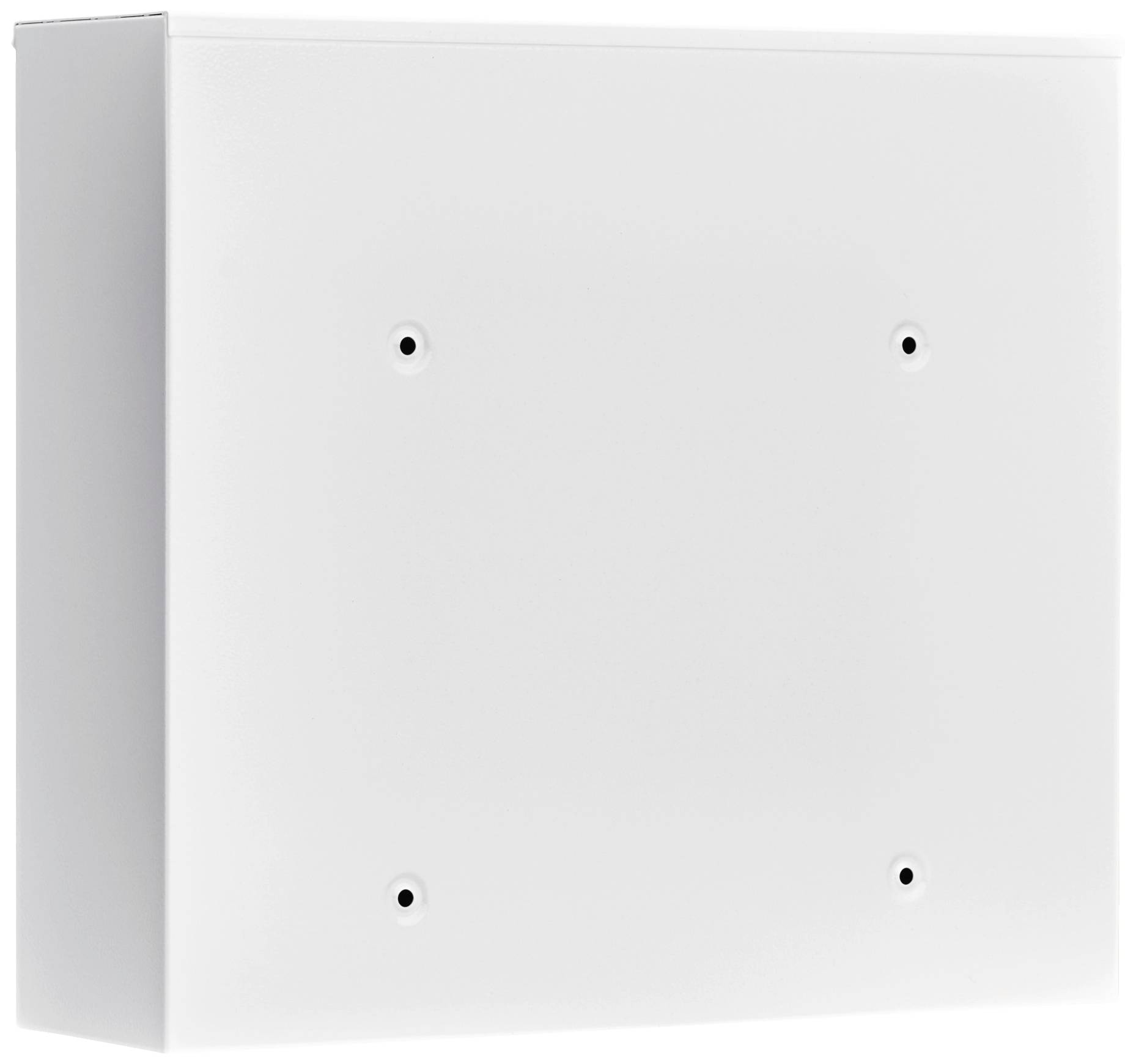 A white, rectangular box with four visible holes at the corners, potentially designed for wall mounting.