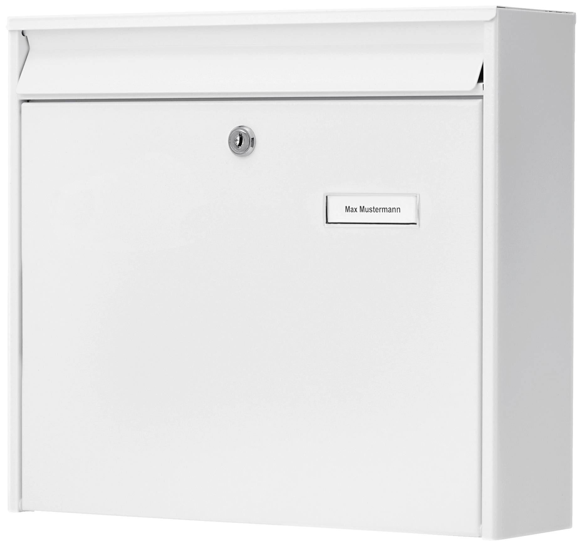 A rectangular, white letterbox with a lock and a nameplate reading 'Max Mustermann' on the front.