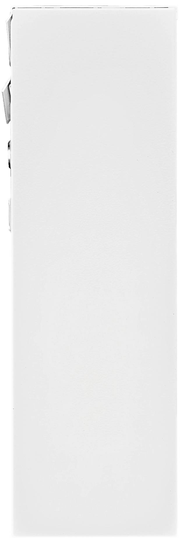 A white, rectangular package stands vertically. It has no visible prints or graphics.