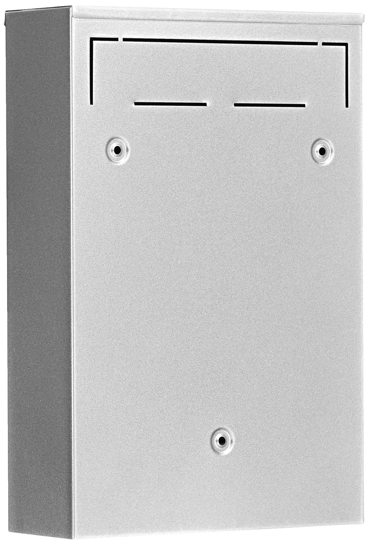 A grey, rectangular metal letterbox mounted on a wall with three screw holes and a slot at the top for posting letters.