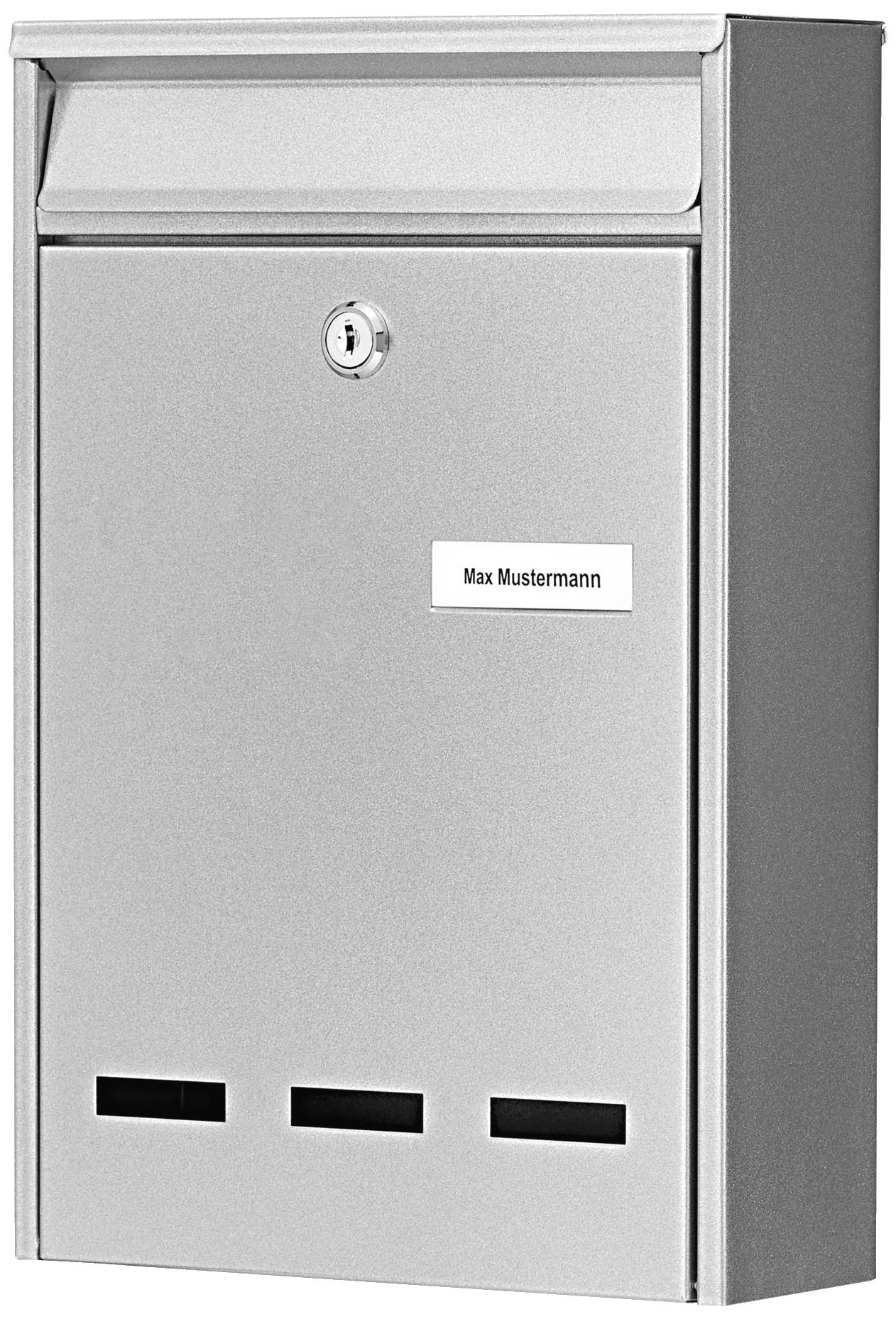 Silver letterbox with a nameplate reading 'Max Mustermann', mounted on a wall.