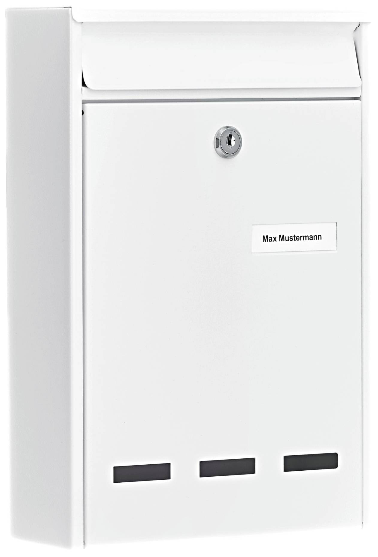 White letterbox with a square design and a name plate reading 'Max Mustermann'.