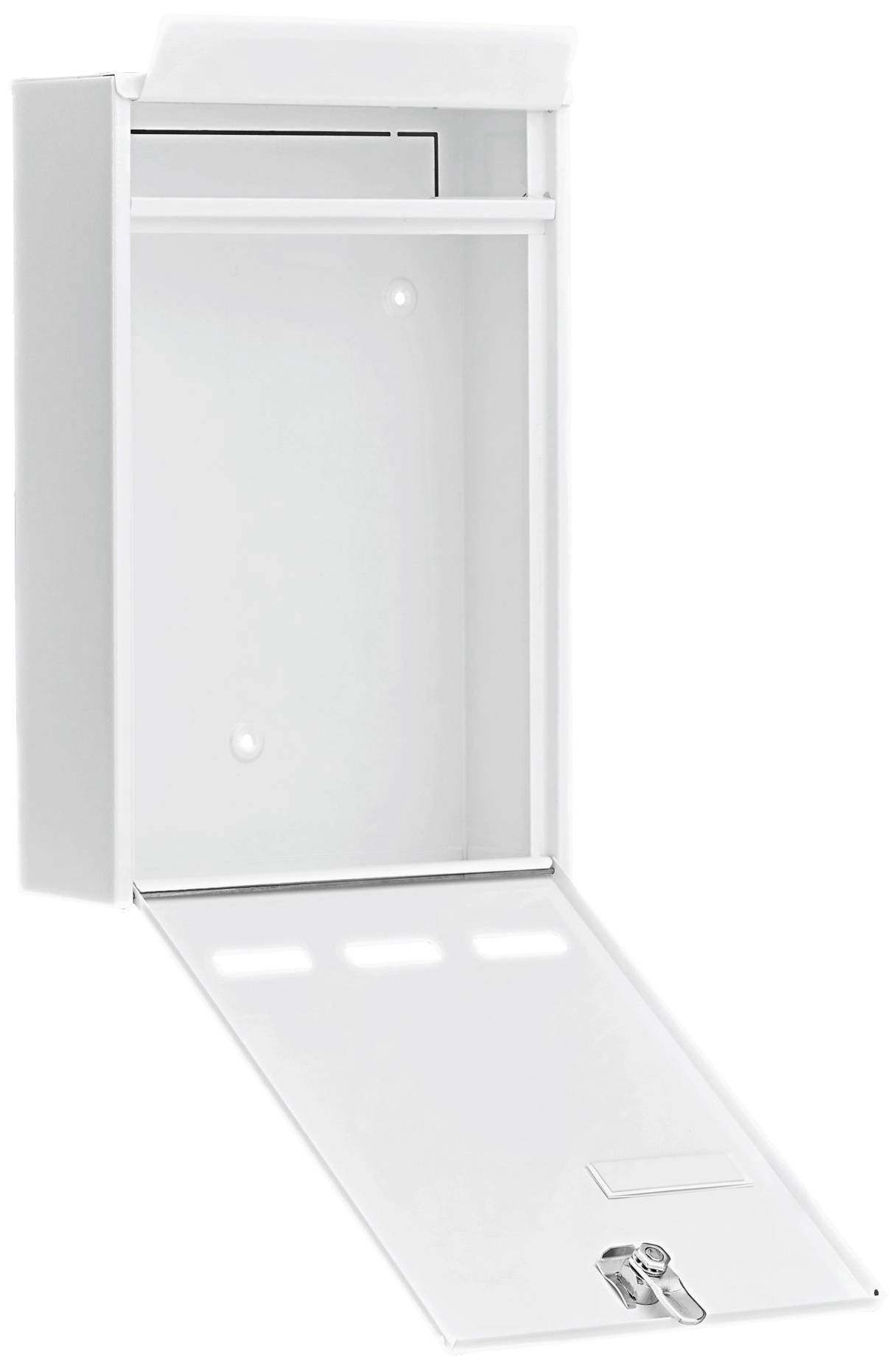 A white metal letterbox with an open lid and lowered flap. There is a keyhole on the flap.