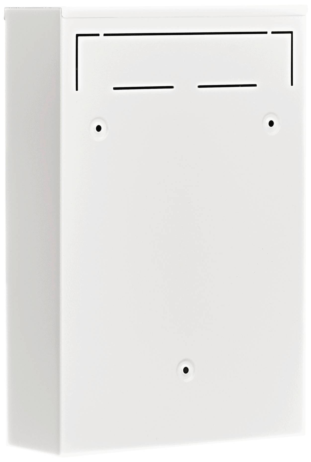 A plain white letterbox with a rectangular shape and a slot at the top; no visible markings or symbols.
