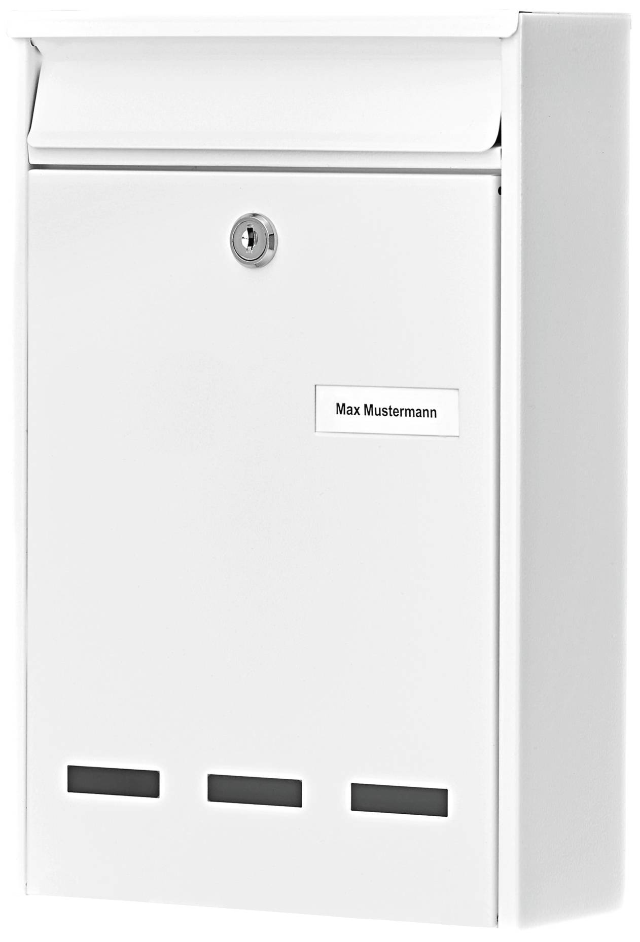 A white letterbox with a name plate reading 'Max Mustermann'. The letter slot and keyhole are visible.