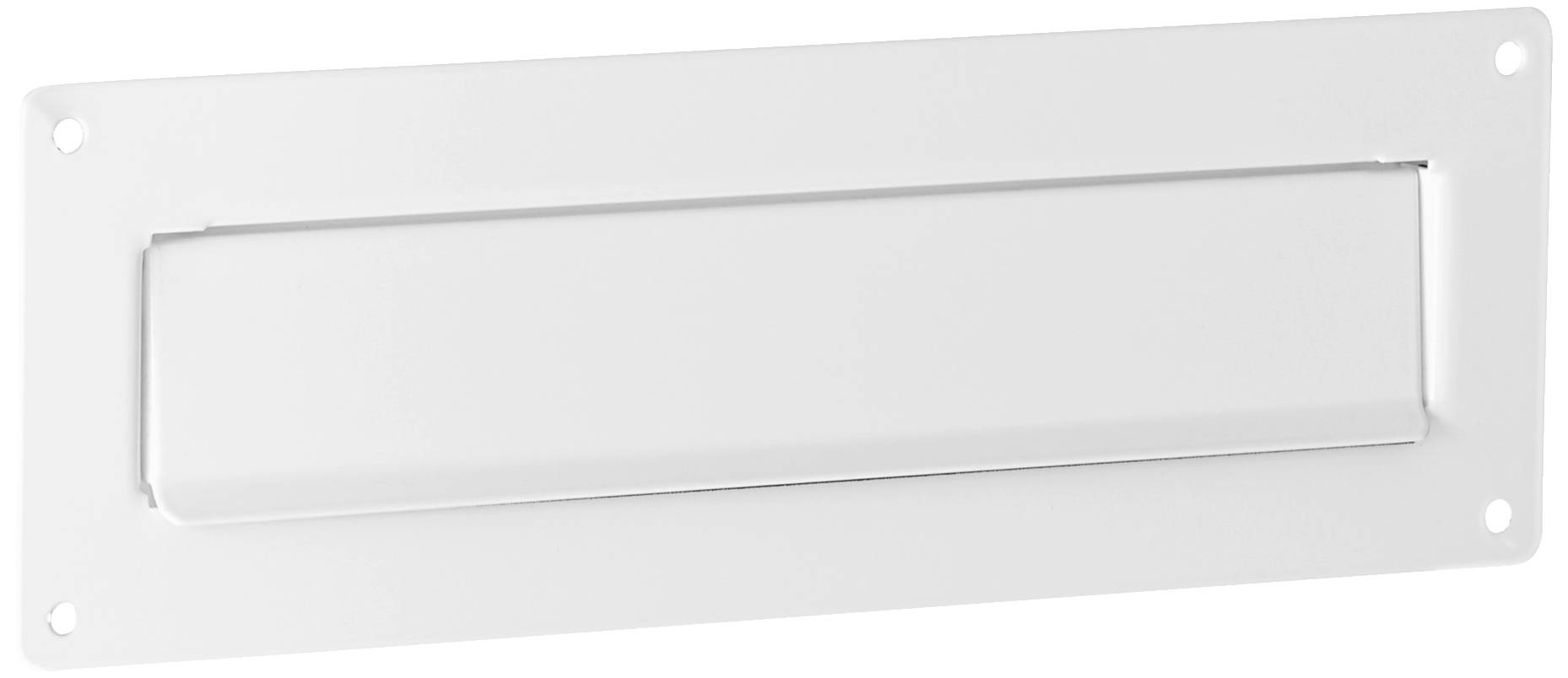White metal letter slot with a rectangular flap, mountable on doors or walls, suitable for indoor postal deliveries.