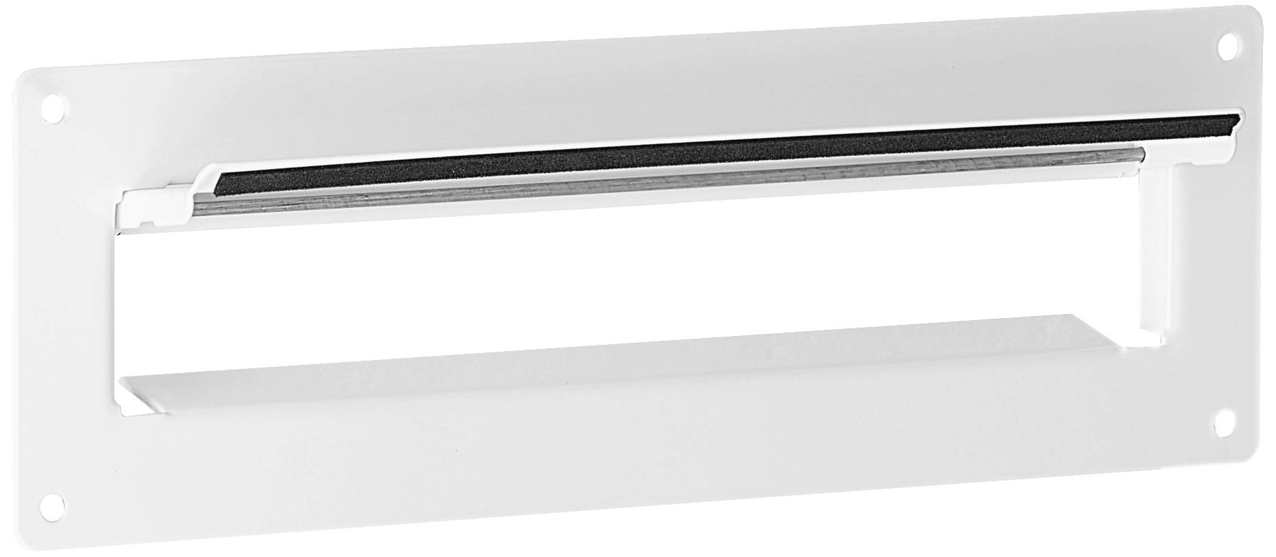 A rectangular, white letter slot with rounded corners and a black seal at the top, mounted on a white surface.