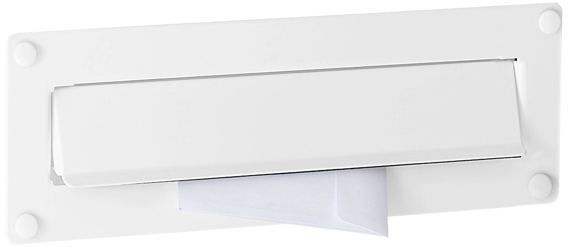 White letterbox slot with a partially protruding envelope, mounted on a door or wall.