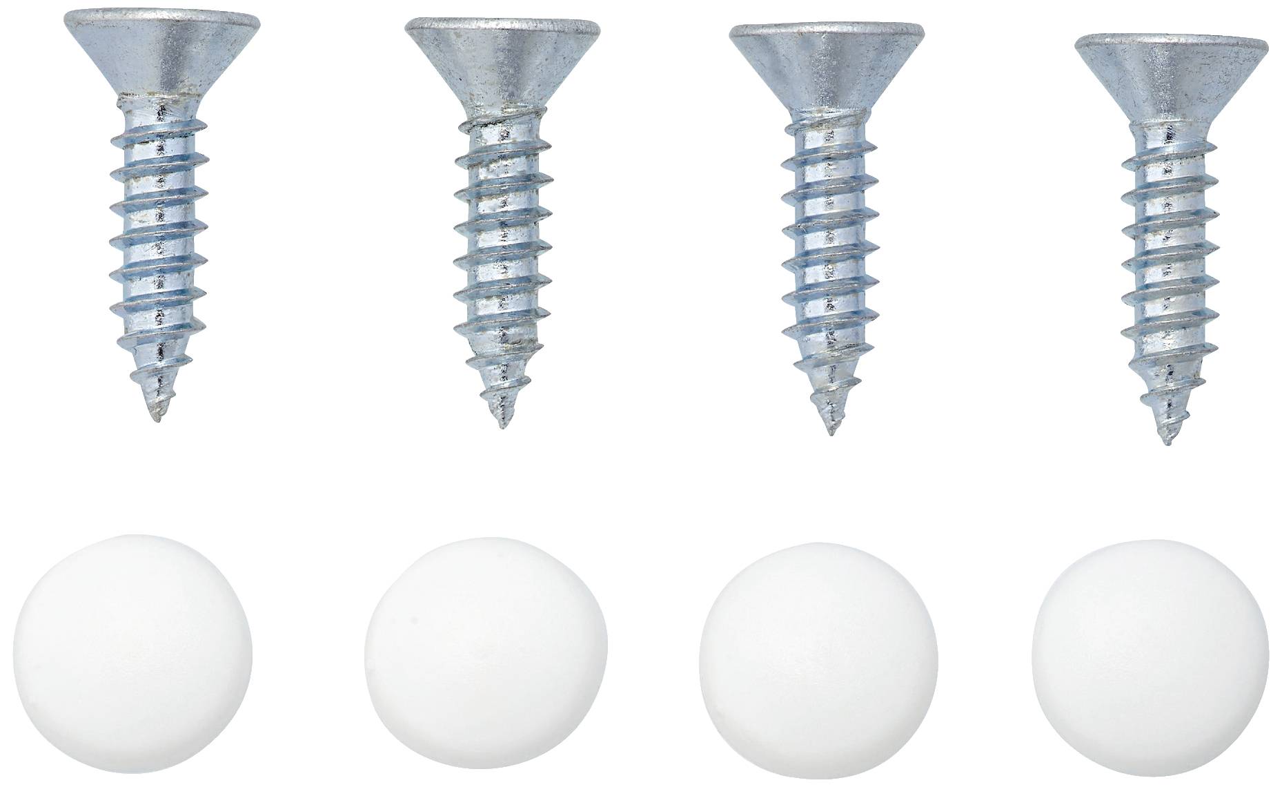 'Three silver screws and four white, spherical objects on a white background. The arrangement is linear.'