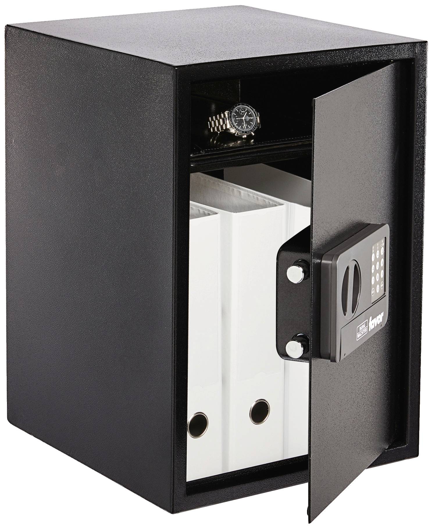 A black security safe with an electronic combination lock. The door is open and reveals two white folders inside.