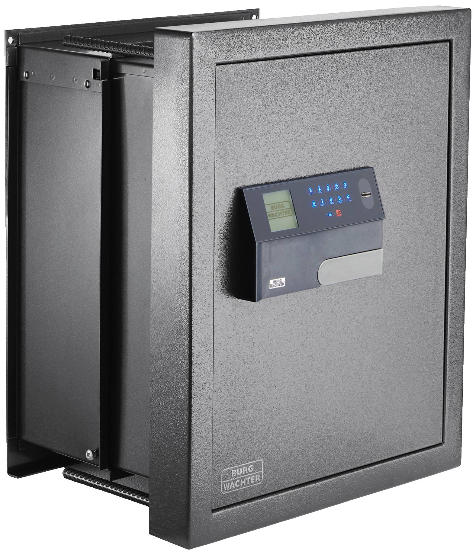 A built-in wall safe with an electronic combination lock and digital display. It is open and shows its interior.