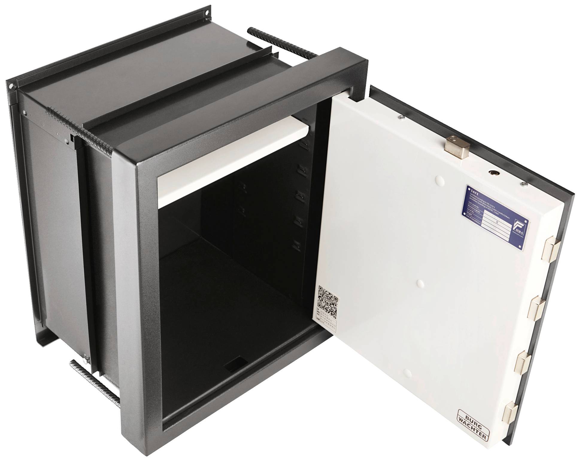 Metal wall cabinet with an open door, revealing an empty shelf inside. Suitable for storing equipment or documents.