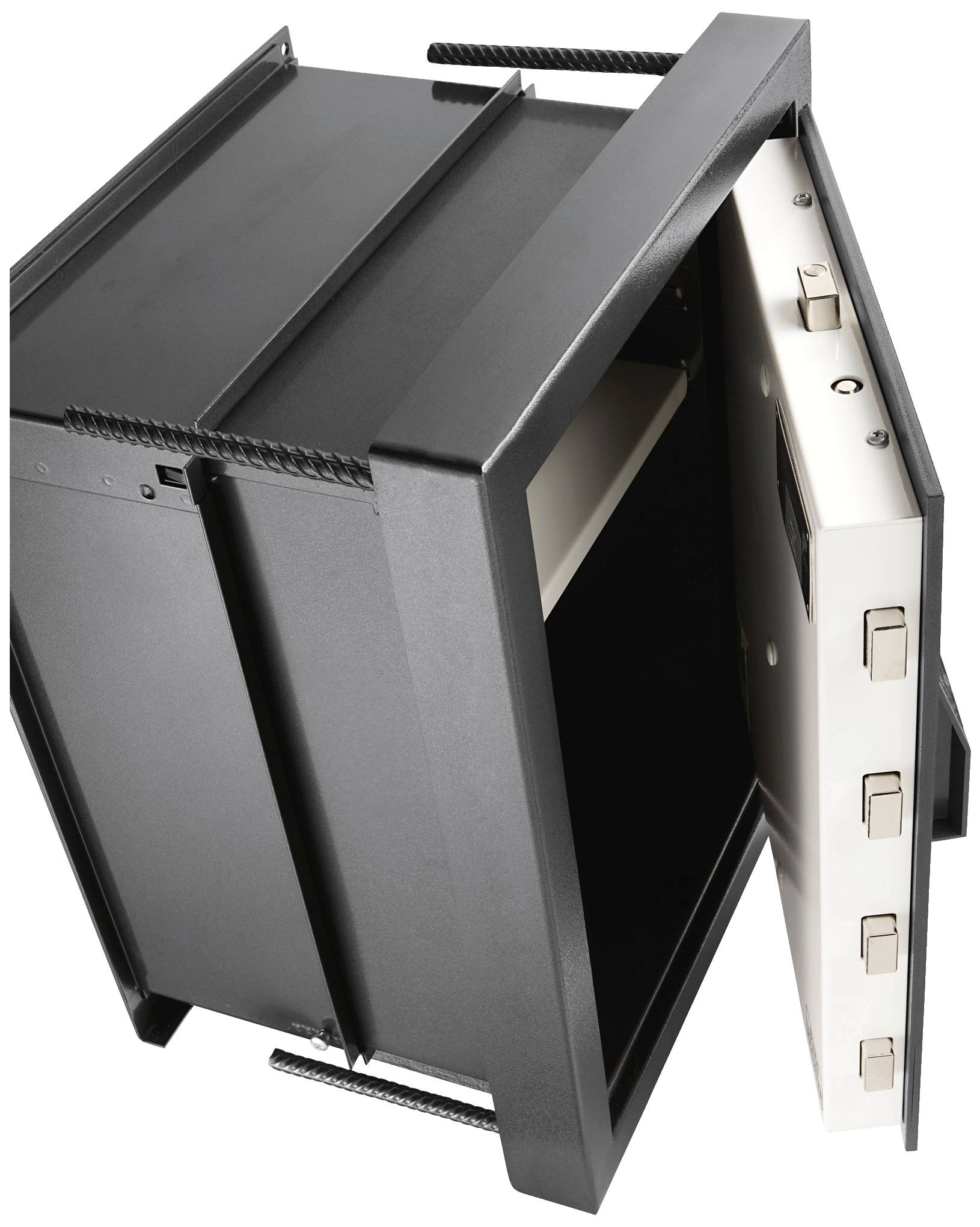 An opened safe with a robust metal frame and a complex locking mechanism. The interior is empty.