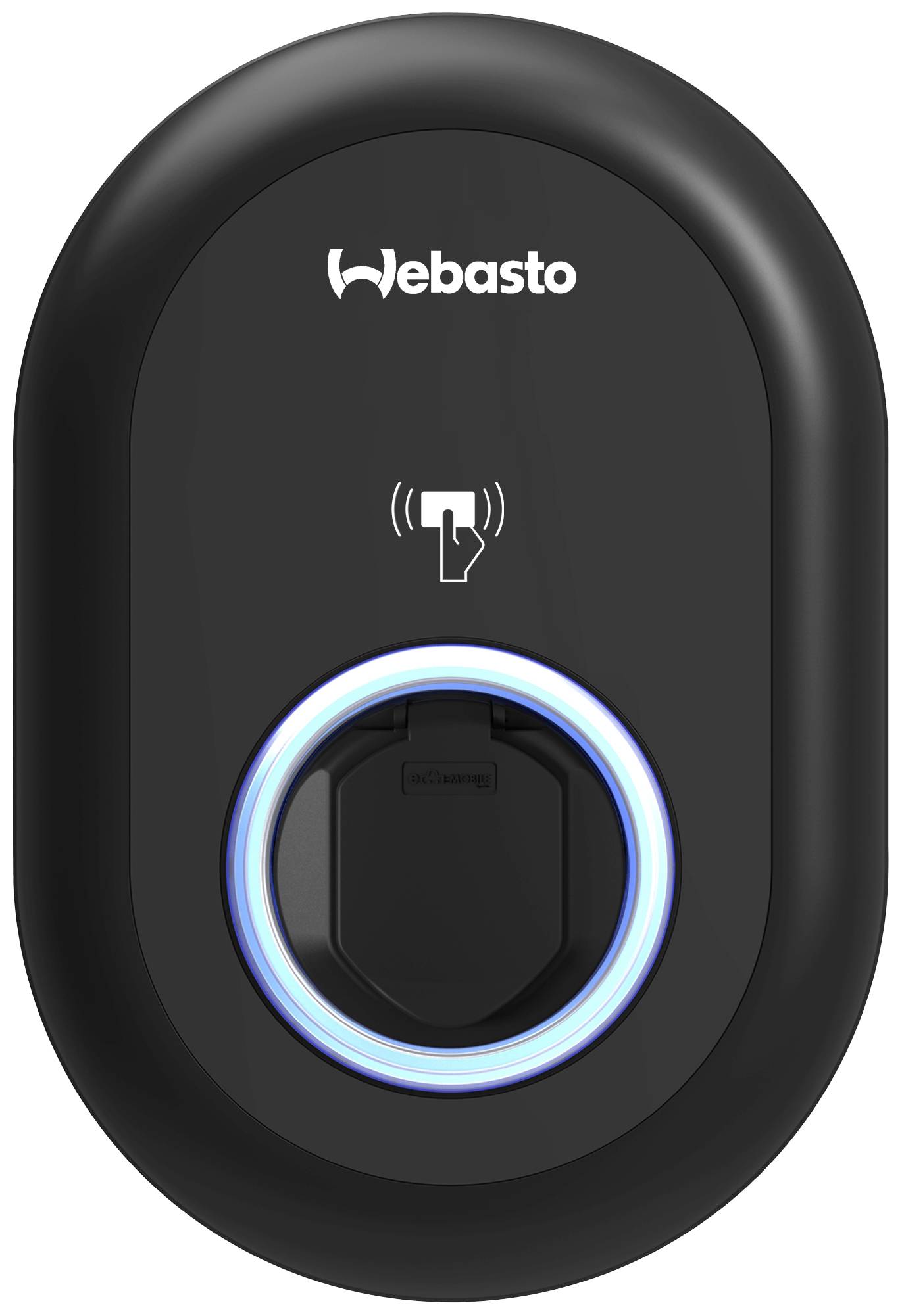 A black electric charging station with the Webasto logo, featuring a circular blue LED indicator, with a contactless charging symbol at the top.