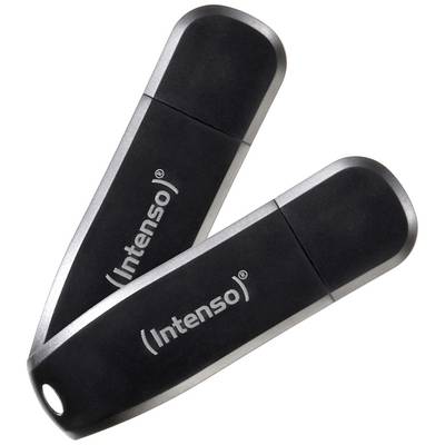 Two black USB sticks from the Intenso brand are crossed over each other.