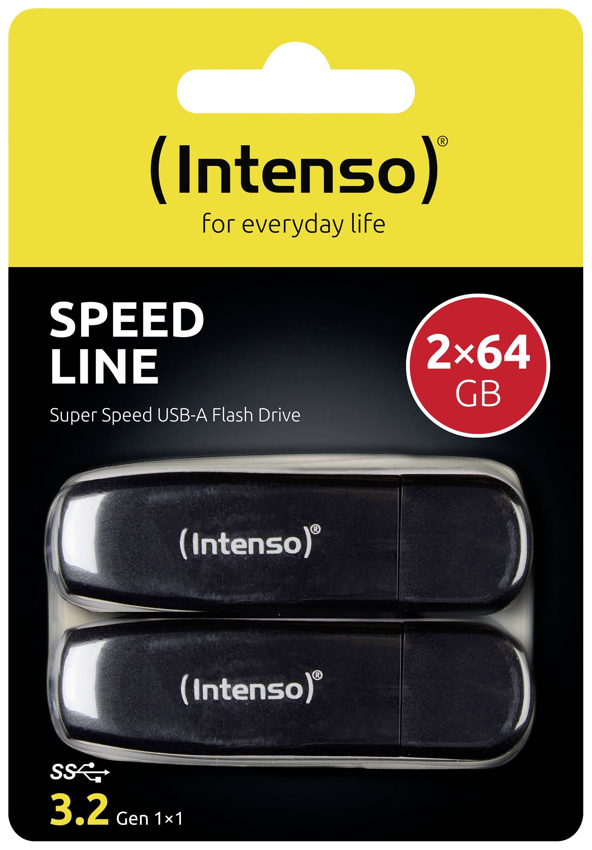 'Intenso' USB Flash Drive Packaging, Two 64 GB Drives, 'Speed Line', USB 3.2, for Data Storage and Transfer.