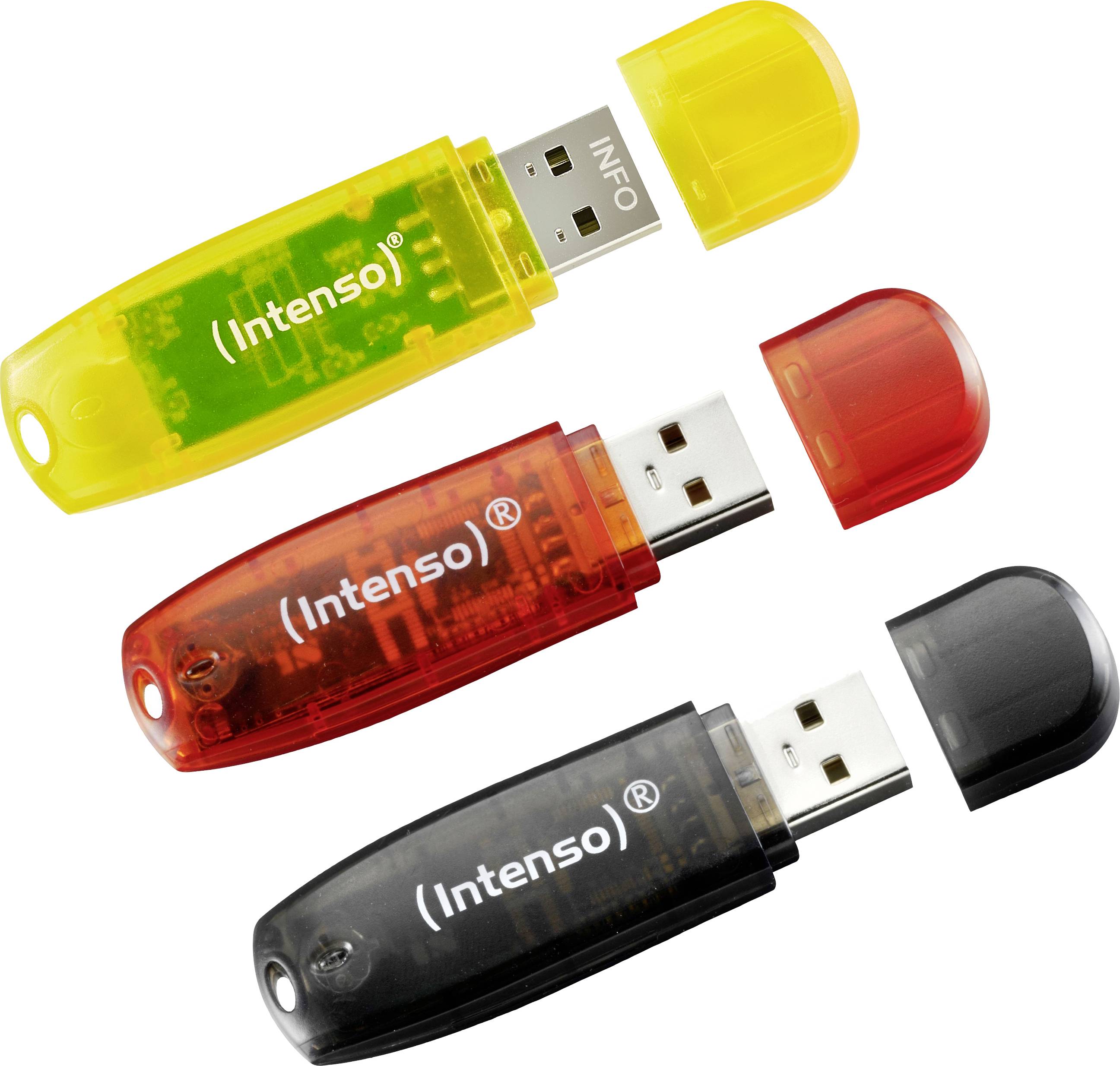 Three USB drives in yellow, red, and black, each with a removable cap, display the 'Intenso' logo on the front side.