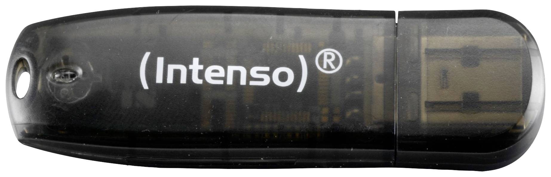 A black USB stick with 'Intenso' printed on it and a transparent casing that allows the internal components to be slightly visible.
