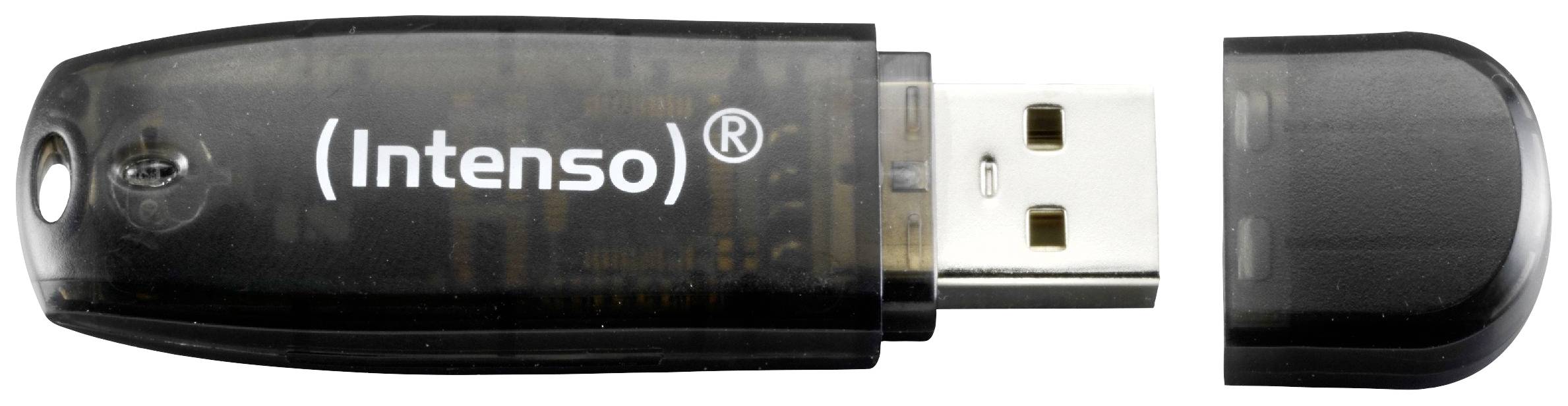 A black USB stick by the brand 'Intenso' with its protective cap removed.