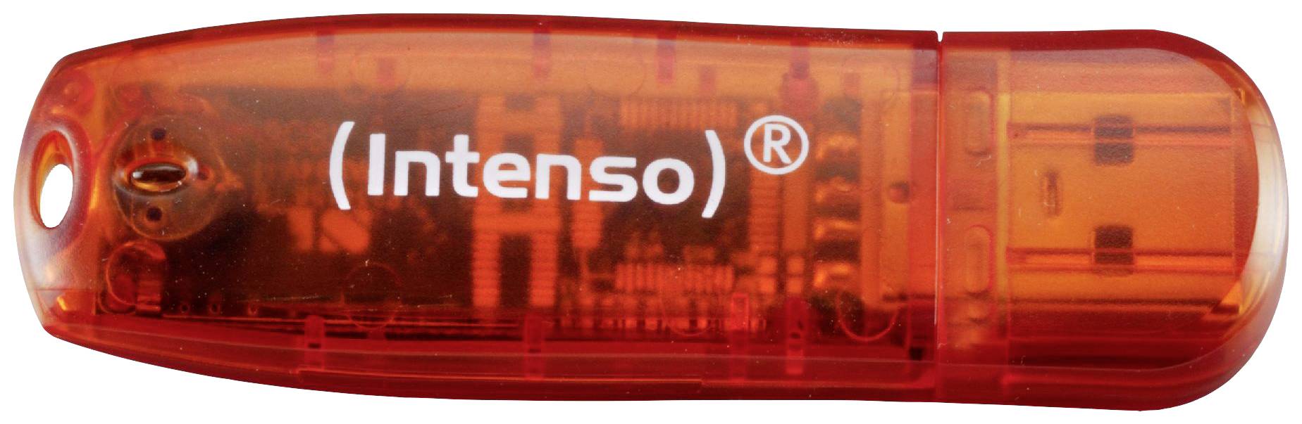 Red USB flash drive by 'Intenso' with transparent case.
